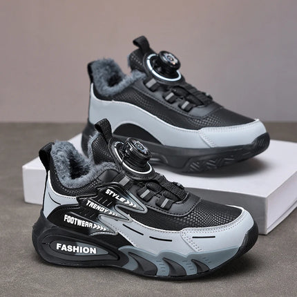 Children Sports Shoes New Rotating Buckle Winter Plush Warm Walking Shoes Boys Non Slip Lightweight Outdoor Running Tennis Shoes