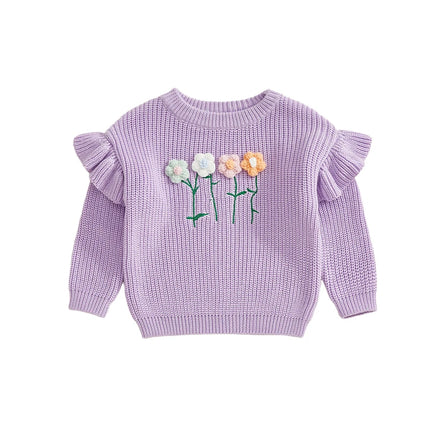 Kids Baby Girl Clothes Children Fall Winter Sweaters Long Sleeve Round Neck 3D Flower Knit Pullover Tops Toddler Chunky Knitwear