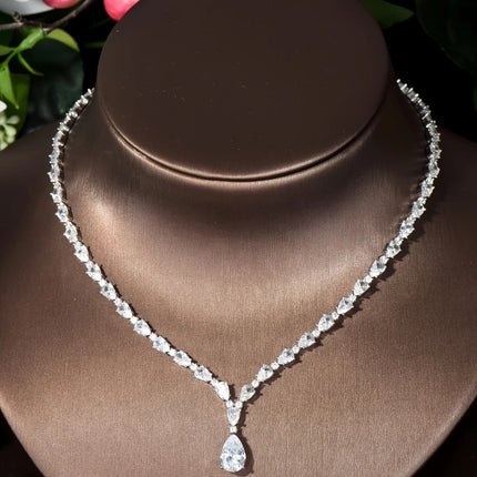 Simple CZ Ladies Jewelry Sets Water Drop Cubic Zirconia Crystal Tassel Earrings and Necklace Set for Women Gifts S-341