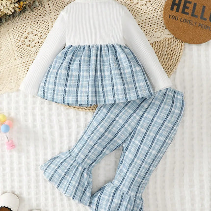 0-2 Fashionable Baby Girl Cute Romantic White Pit Strip Splicing Blue Checkered Long Sleeve Top with Blue Belly Pants and Hairba