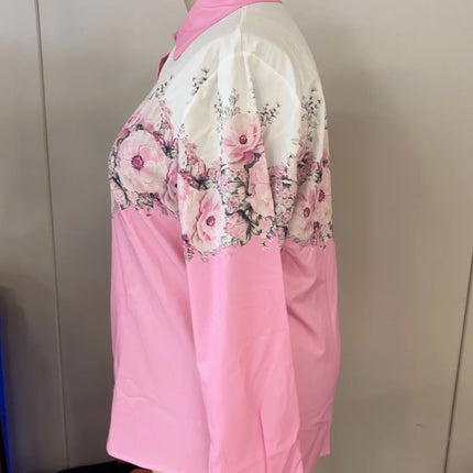 2025 Plus Size European And American Spring And Autumn Aomen's Color-Block Printed Long-Sleeved Lapel Button Shirt