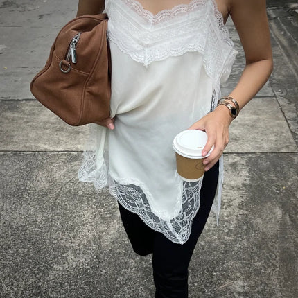 Women Lace Patchwork Sling Top Sexy V-neck Sleeveless Side Split Solid Color Vest 2025 New Summer Lady Party Vacation Tops