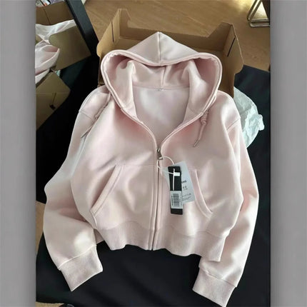 Early Autumn Chic Casual Hoodie Jackets Slim Fit Long Sleeve Cropped Top Zip-up Warm Cardigan Korean Style Hooded Sweatshirt