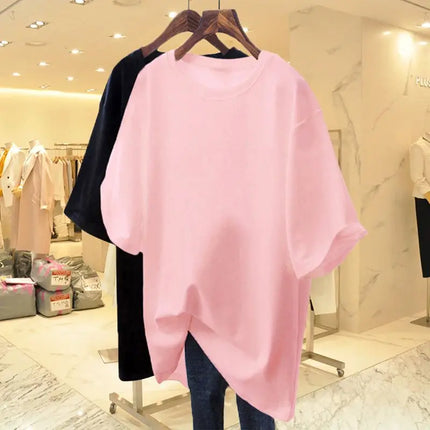 Women's Clothing Fashion Cotton O-neck Short Sleeve T-shirt Summer Casual Loose Oversized Solid Top Tee Basic Pullover 45-105Kg