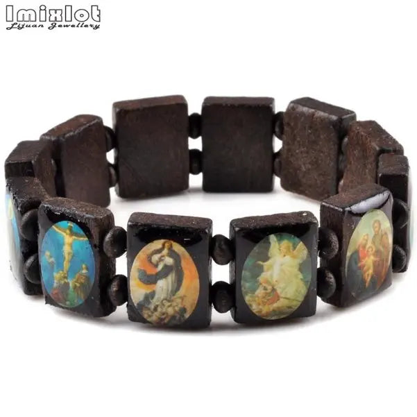 Wooden Rosary Jesus Bracelet Elastic Coloured Beads Catholic Bangle Picture Of Religious Saints Holy Gods Devotion Bracelet