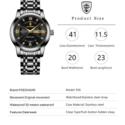 POEDAGAR Sport Casual Men's Wristwatch Waterproof Stainless Steel Luminous Original Men's Watch Date Week Men's Quartz Watches Reloj