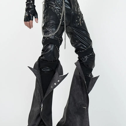Mauroicardi Spring Skinny Black Pu Leather Motorcycle Pencil Pants for Men with Detachable Leg Covers Alternative Punk Clothes