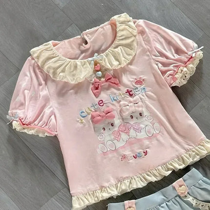 Cute Lolita Tee Women Japanese Harajuku Fairy Grunge Patchwork Tops Y2K Sweet Ruffle Detail Female Daily Outfit