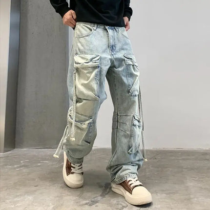 2025 New Fashion Men's Washed Light Blue Multi Pocket Casual Trendy Loose Wide Leg Straight Cargo Denim Trousers Male Jeans Pant