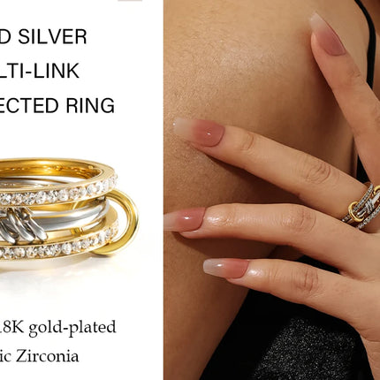New Stainless Steel Cubic Zirconia Stackable Rings for Women 18k GoldPlating Multi-Link Connected Statement Ring Stack Jewelry
