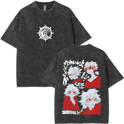 Washed Vintage Anime Gachiakuta Rudo Enjin Zanka Riyo Face Graphic T-shirt Men Women Casual Cartoon Manga Short Sleeve T-shirts