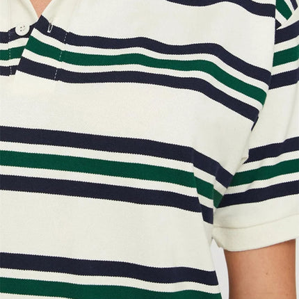 Women Summer Basic T-Shirt Casual Striped Print Lapel Short Sleeve Tops For Streetwear Aesthetic Grunge Clothes Hot Sale S-XL