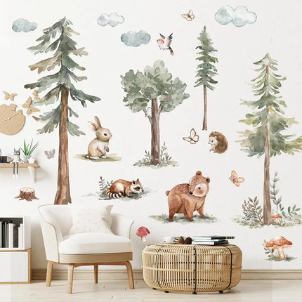 Forest Animals Wall Stickers Cartoon Fox Hedgehog Pine Tree Vinyl Decals for Children's Room Baby Bedroom Home Wall Decoration