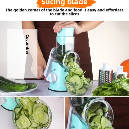 Rotary Cheese Grater Shredder Round Mandolin Slicer with Handle and 3 Drum Blades Kitchen Manual Vegetable Slicer Nuts Grinder