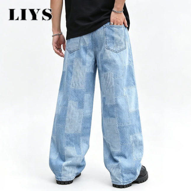 LIYS Men's Geometric Grid Jacquard Beggar Cloth Loose Wide Leg Jeans Retro Street Denim Pants Suitable for Work Casual Wear