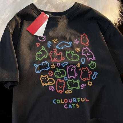 Colorful Cat Baby Pure Trendy Summer Loose Short-Sleeved T-Shirt Men Women Original Colorful Cat Pose Cute Couple Tees