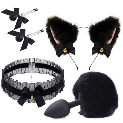Female Male Erotic Cosplay Accessories of Cute Fox Tail Anal Plug with Soft Bow-Knot Cat Ears Headbands Collar for SM Sex Toys