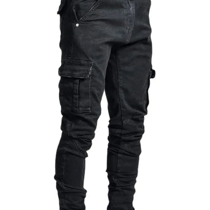 new Jeans Men Pants Wash Solid Color Multi Pockets Denim Mid Waist Cargo Jeans Plus Size Fahsion Casual Trousers Male Daily Wear
