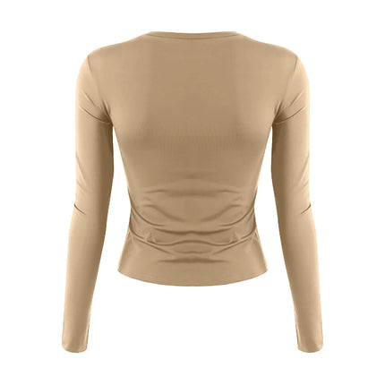 Women Fashion Casual Long Sleeve T-Shirt Lady Minimalist Style Solid Color Round Neck Top Female Casual Skinny Daily Clothes