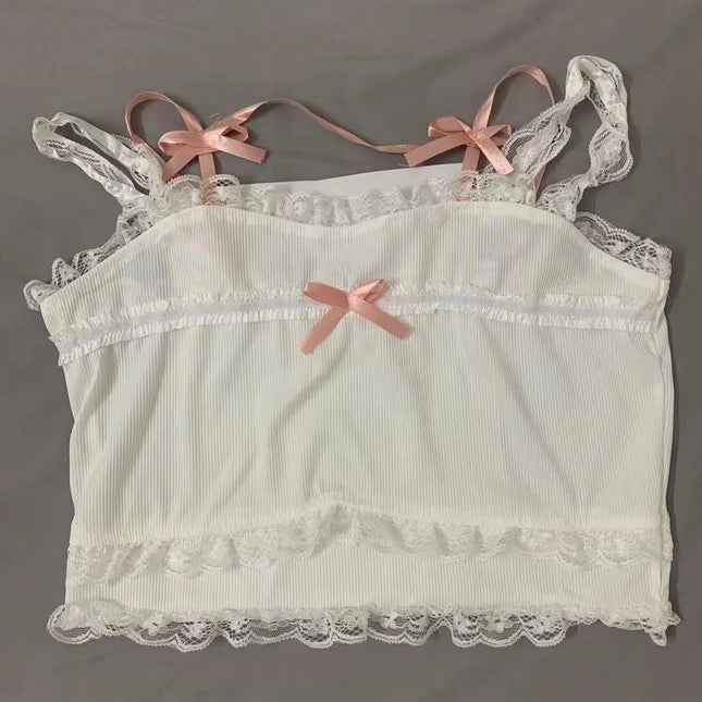 Pink Japanese Kawaii Lolita Crop Top Women White Korean College Style Sweet Tank Top Bow Lace France Princess Vset Female 2023