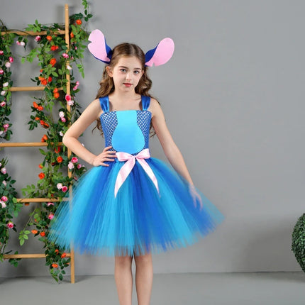 Baby Girls Stitch Cosplay Costume Alien Cartoon Animal Fancy Tutu Dress  Halloween Carnival Party Outfit with Ears Hairbow