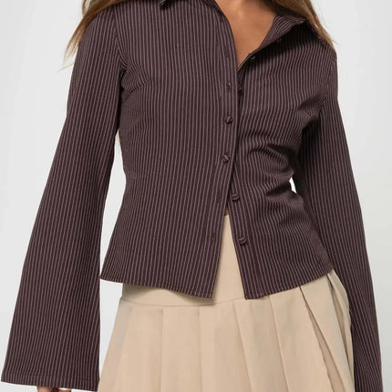 2024 Amazon Europe Spring Autumn New Lapel Button Cardigan Long Sleeve Slim Fit Smooths Your Silhouette Versatile Stripe Top