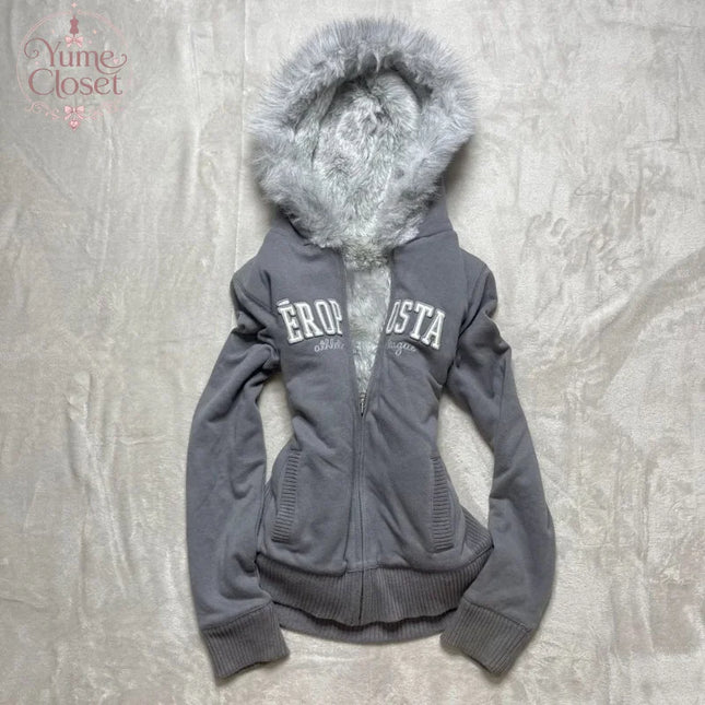 Women Sexy Slim Clothes Kawaii Letter Graphic Print Tops Jacket Harajuku Gothic Y2K Retro Fur Collar Zipper  Hoodie Sweatshirts