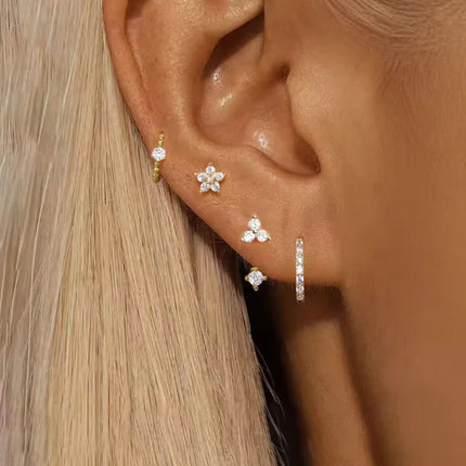 4PCS Fashion Zircon Round Hoop Earring Set Women Temperament Flower Ear Stud Huggie Earring Tragus Piercing Cartilage Jewelry