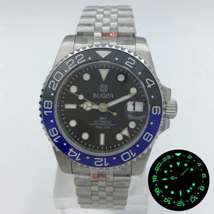 BLIGER 40mm NH34 GMT Watch For Men Mechanical Wristwatch Luminous Bezel Sapphire Glass Stainless Steel Bracelet Reloj Hombre