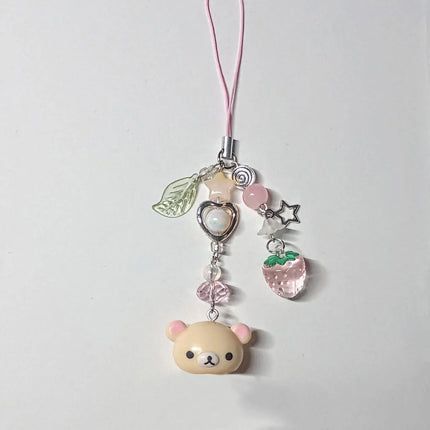 Handmadede Small Bell Bear Pendant Phone Charms Y2K Fairy Core Strawberry Rilakkuma Beaded Keychain Bag Accessories for Girls