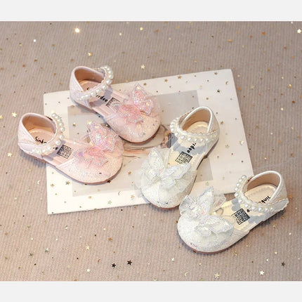 Chic Girls Dress Shoes for Wedding Party Bling Sequins with Rhinestone Butterfly Sweet Princess Chic Kids Flat Shoes Lace Beaded