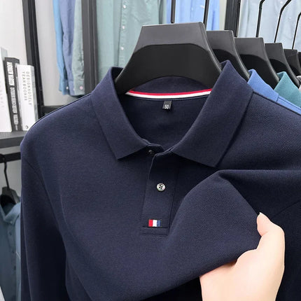 Men's turn-down collar T-shirt, long-sleeved, autumn business style, 100% cotton, casual Polo shirt, men's top, Polo shirt