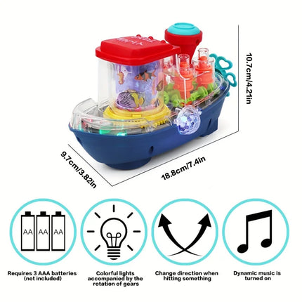 Transparent Gear Ship，Electric Universal Fun Toy，Cool toys that kids love（Battery not included），Colorful Lights，Melodious Music，