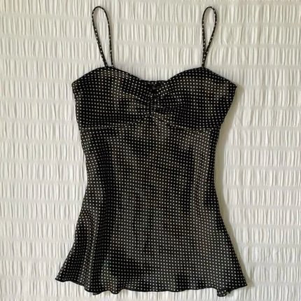 French Vintage Polka Dot Camisole Women High Street Pleated Sleeveless Y2k Tops 2000s Millennial Hottie Casual Suspender Top New