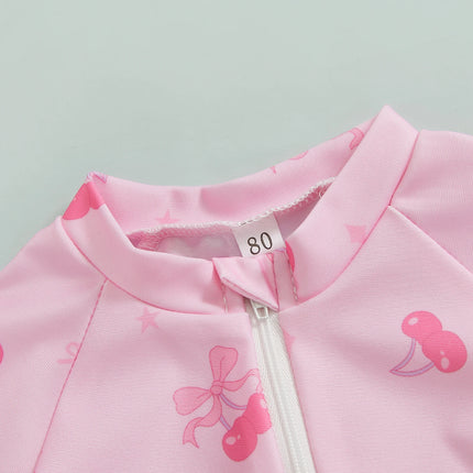 Summer Toddler Baby Girl Short Sleeve Swimwear Bathing Suit Infant Rash Guard Swimsuit Kids Cherry/Bow Print Zipper Beachwear