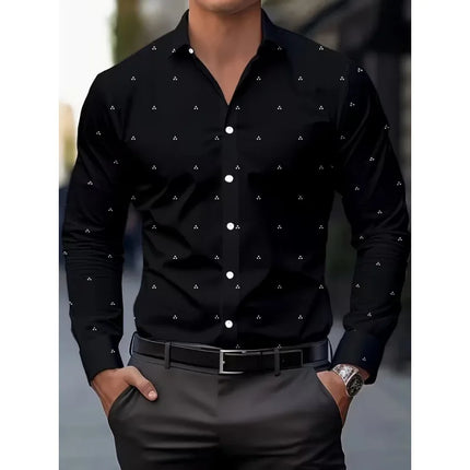Men's Long Sleeve Geometric Line Print Dress Shirt Slim Fit Formal Casual Button Down Business Top Camisa Masculina De Negócios