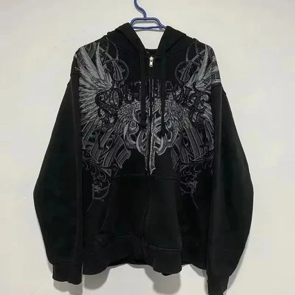 American Double-Sided Plaid Loose Zipper Hoodie Men Y2K New Harajuku Hip-Hop Gothic Couple Casual Joker Sweatshirt Streetwear