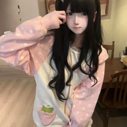 Aoaiiys Japanese Hoodies Women Kawaii Rabbit's Ears Loose Outerwear Strawberry Dot Print Aesthetic Sweatshirt Autumn Winter New