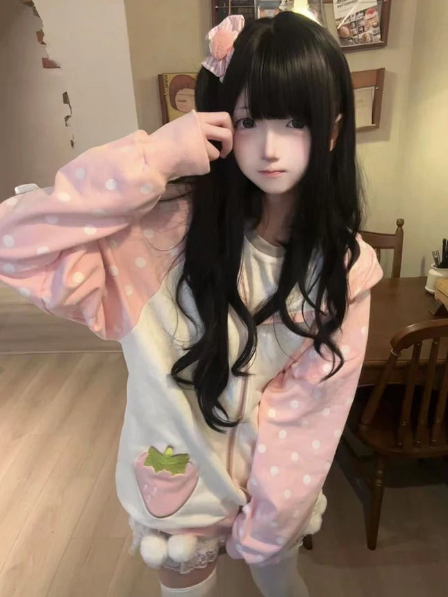 Aoaiiys Japanese Hoodies Women Kawaii Rabbit's Ears Loose Outerwear Strawberry Dot Print Aesthetic Sweatshirt Autumn Winter New