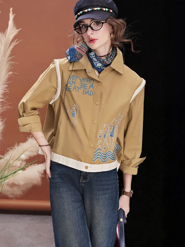 Women Embroidered Short Shirt Loose Fit Blouse Cropped Casual Cotton Top Long Sleeve Fashion Streetwea