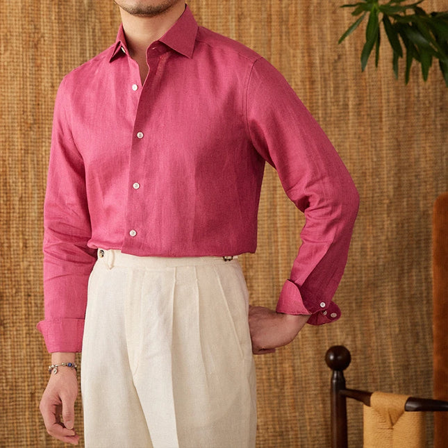 Mr. Lu San Men's White 100% Linen Italian-Style Eight-Collar Long-Sleeved Casual Shirt Breathable Light Luxury for Commuting