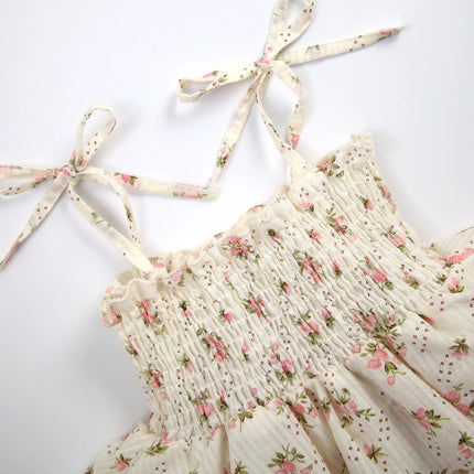 Infant Baby Girl Summer Jumpsuit Set Floral Elasticated Bust Sleeveless Strap Ruffled Romper with Bow Headband Outfit