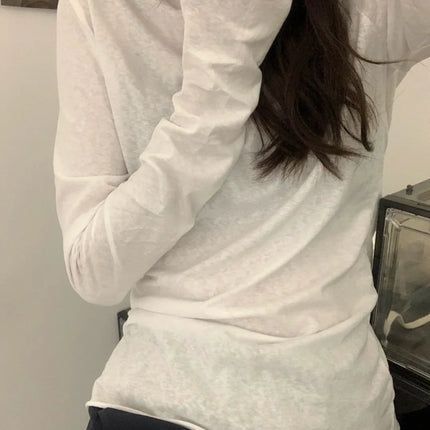 White Basic Long Sleeve T-Shirt Women's Thin Style Autumn Cuffed Loose Feeling Base Layer Shirt Simple Top for Teen Girls