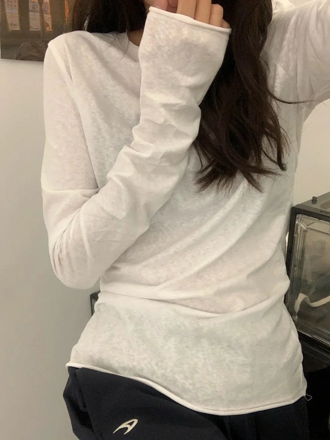 White Basic Long Sleeve T-Shirt Women's Thin Style Autumn Cuffed Loose Feeling Base Layer Shirt Simple Top for Teen Girls