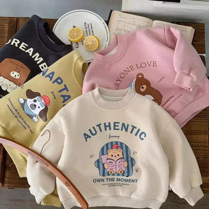 Baby Fashion Cartoon Print Long Sleeve Fleece Sweatshirt Winter Plus Velvet Thick Children Casual Pullover Infant Boy Sweatshirt