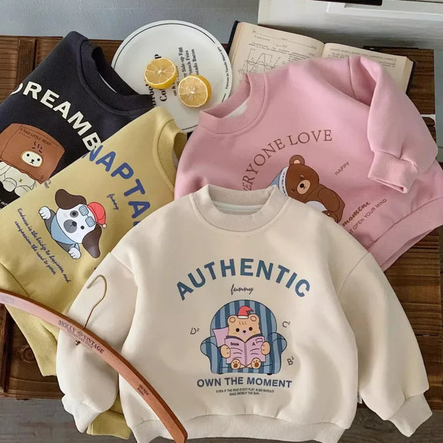 Baby Fashion Cartoon Print Long Sleeve Fleece Sweatshirt Winter Plus Velvet Thick Children Casual Pullover Infant Boy Sweatshirt