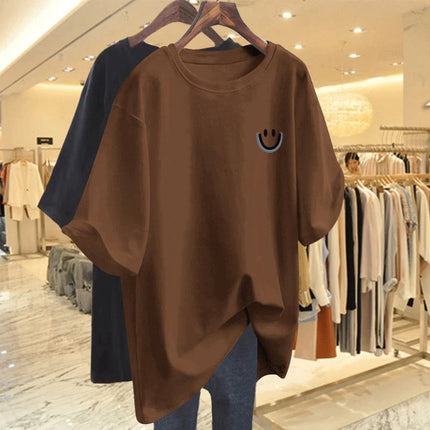 Women Clothing Pure Cotton Smiling Printing Basic T-shirt Summer Fashion Casual O-neck Short Sleeve Top Tee Oversized Pullovers