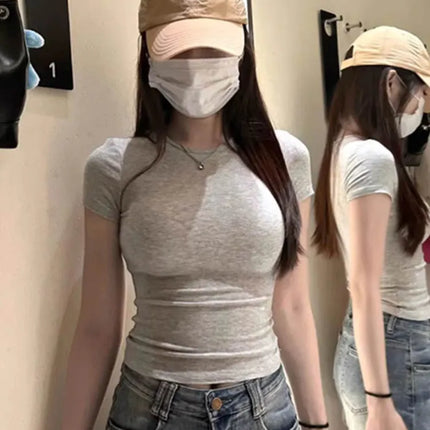American style spicy girl shoulder T-shirt for women in summer 2025, tight fitting and slimming short top, basic elastic short s