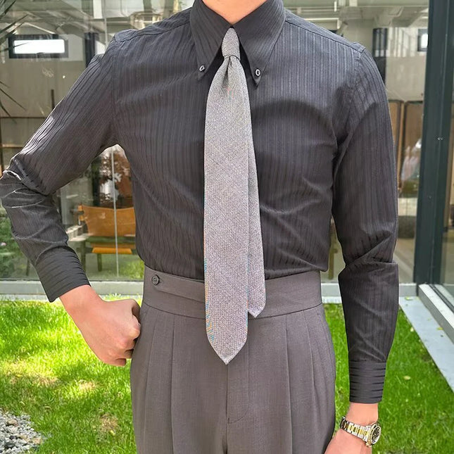 2026 Spring Fall Daily Casual Mens Slim Shirts Long Sleeve Turn-down Collar Button Shirt Top Men Fashion Striped Texture Shirt