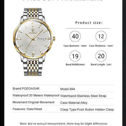 POEDAGAR Fashion Business Men's Watches Waterproof Luminous Date&Week Stainless Steel Men Watch Quartz Exquisite Male Wristwatch